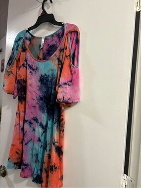 Tie-Dye Cold-Shoulder Swing Top Pink, Orange, Teal, Navy